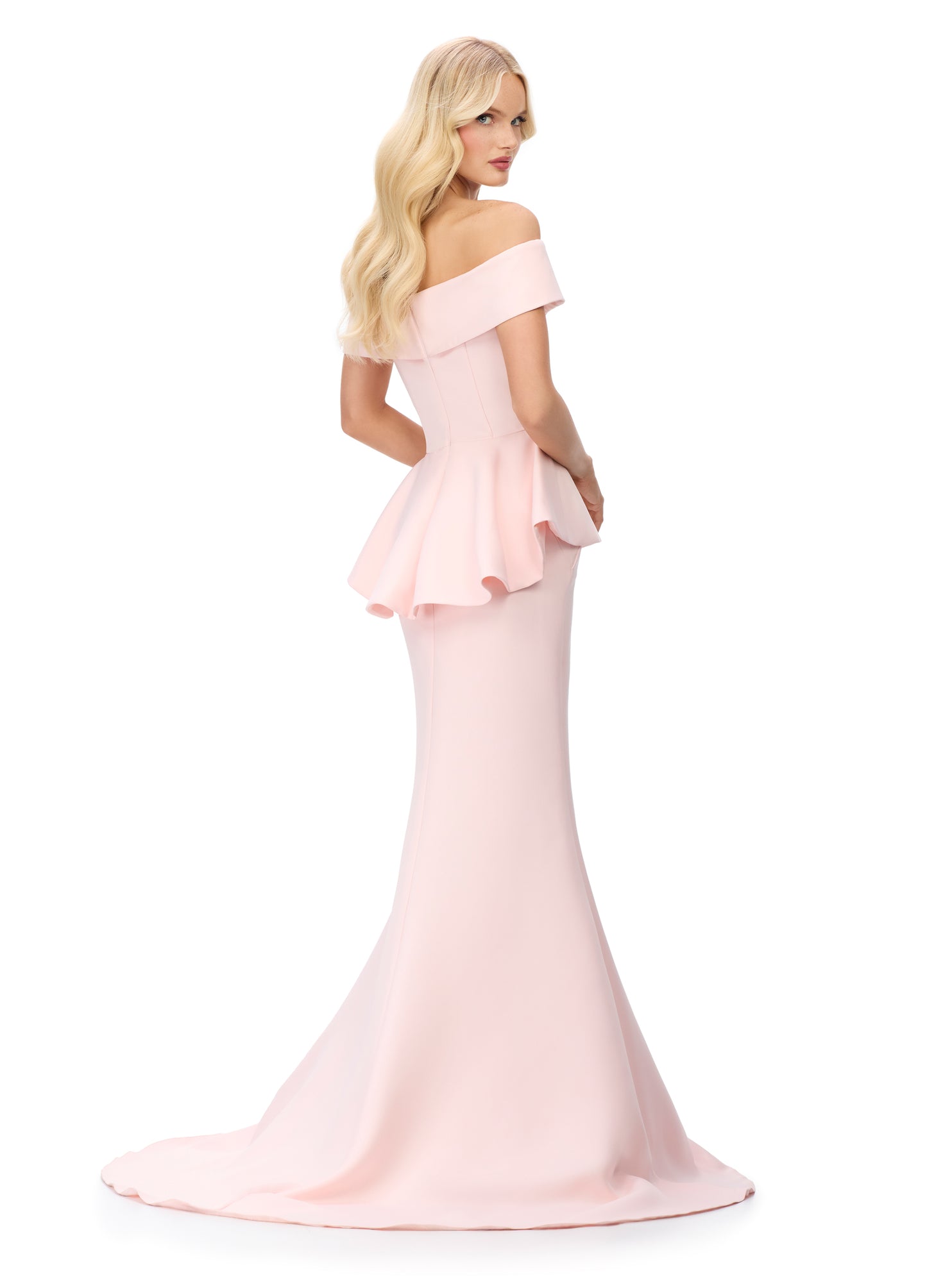 Ashley Lauren 11710 Off The Shoulder Evening Gown. Featuring a flattering V neckline and peplum waist, this long fit and flare dress brings elegance to any occasion. Its off the shoulder design adds a touch of romance while accentuating your figure. Elevate your evening style with this stunning dress. Colors: Navy, Blush, Wine