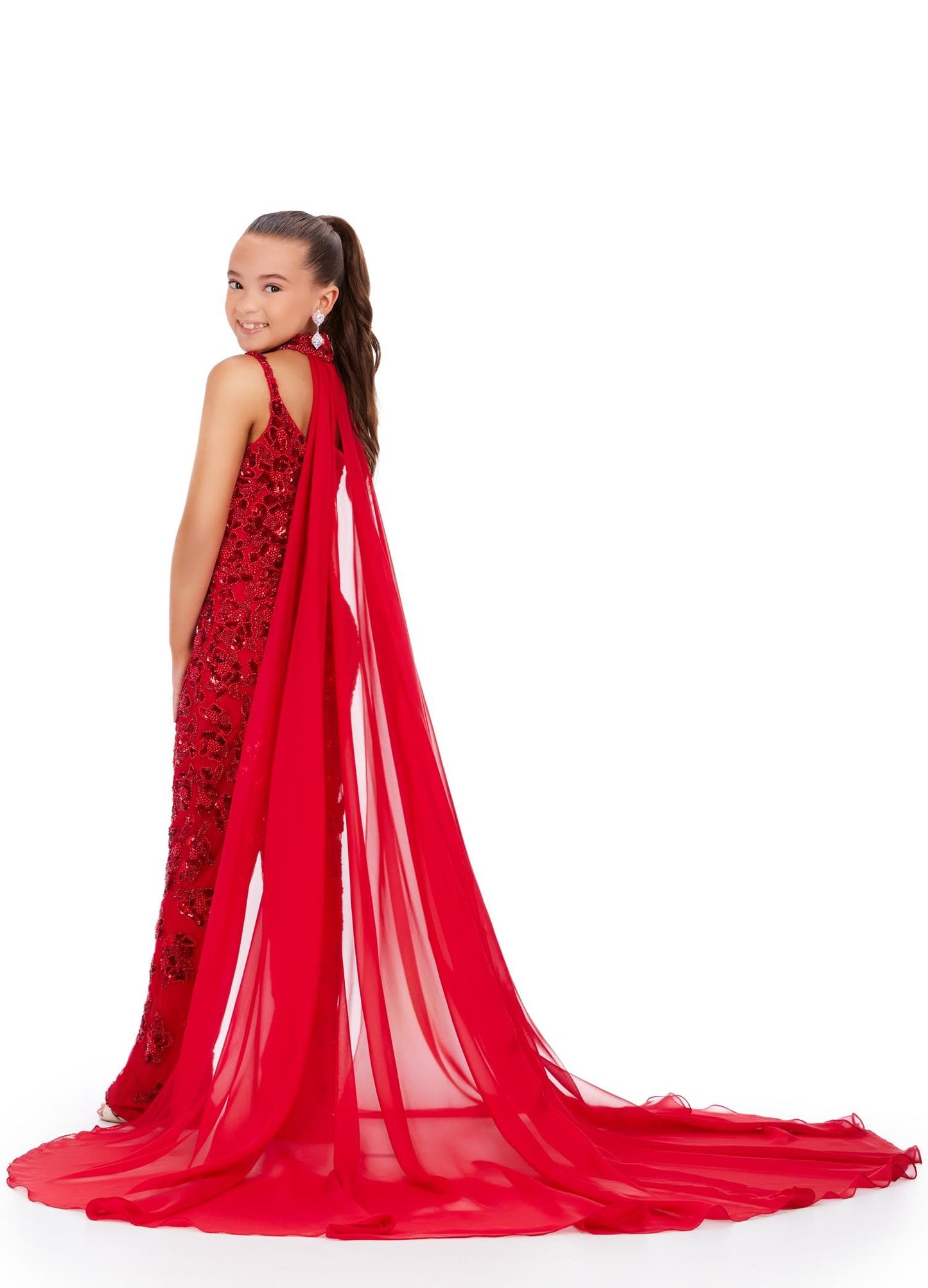 Ashley Lauren Kids 8190 Red Fully Beaded With Beaded Choker And Chiffon Cape Jumpsuit