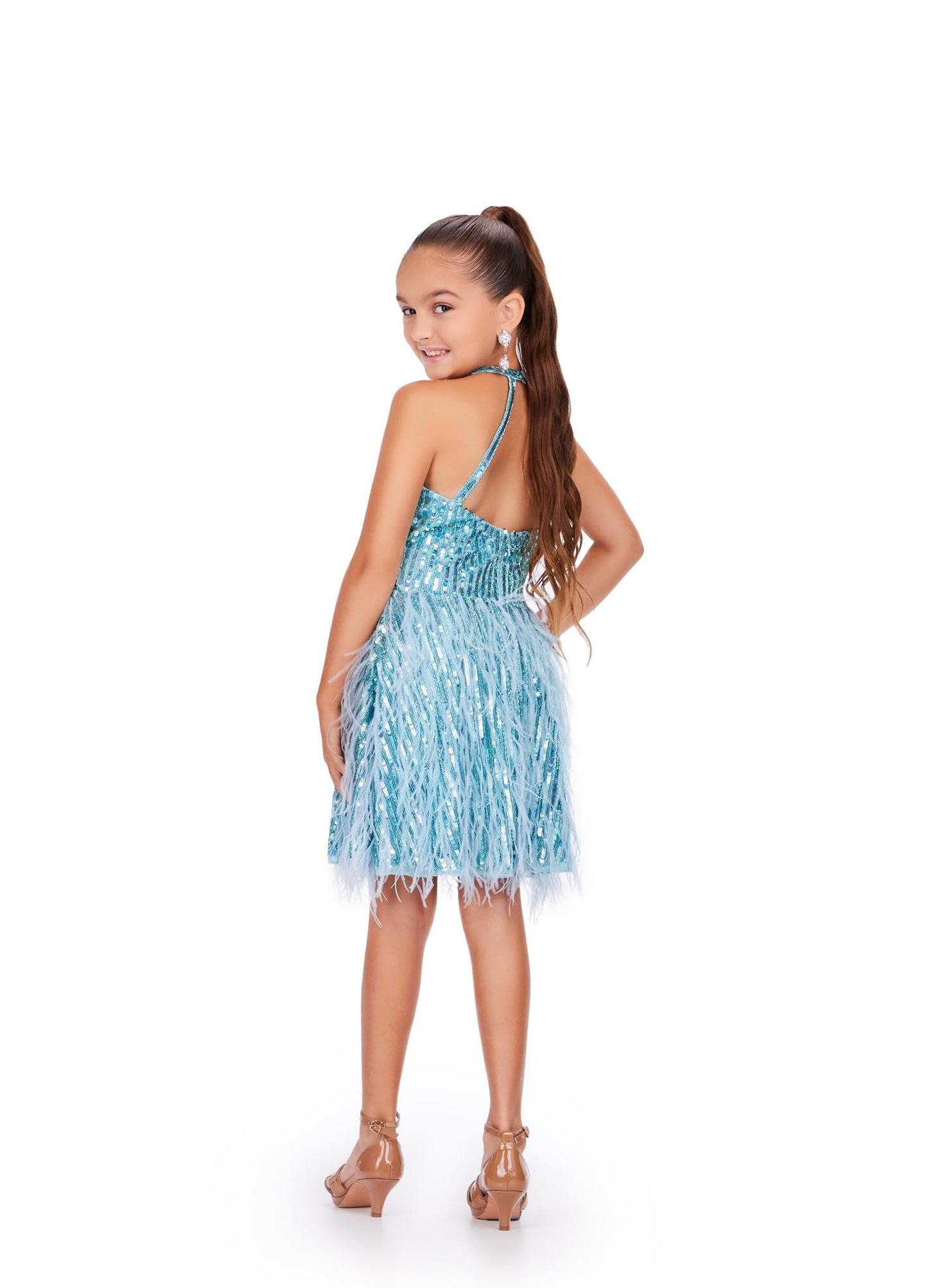 Ashley Lauren Kids 8196 Fully Beaded Girls Cocktail Dress Halter Top With Feather A-Line Skirt