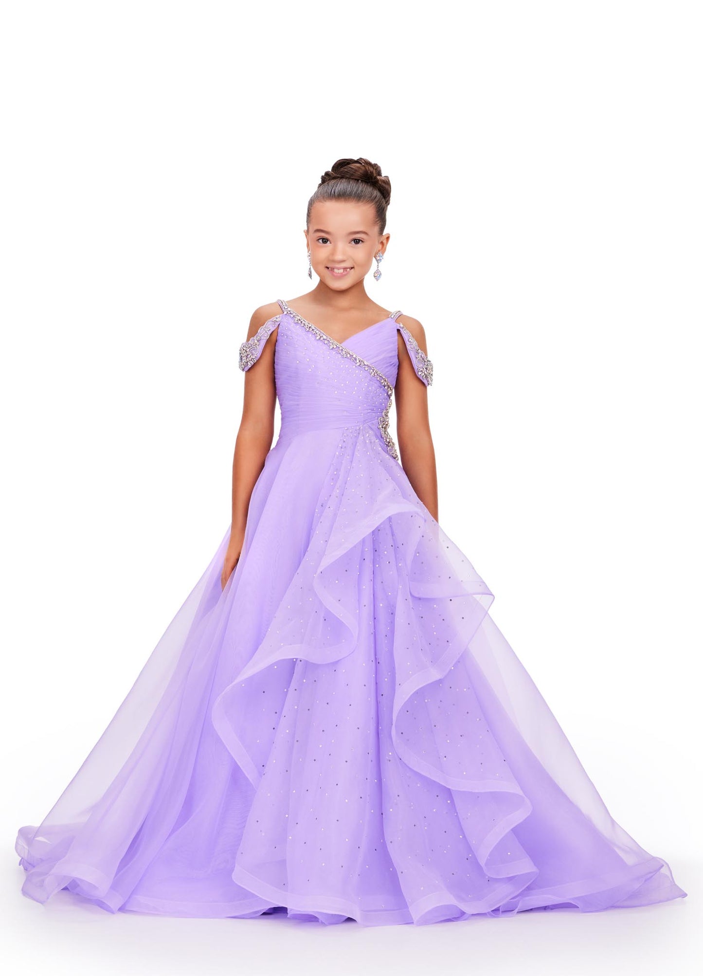 Ashley Lauren Kids 8213 Girls Pageant Dress.  A dress straight out of a fairytale! This organza ball gown features a V-Neckline and off shoulder beaded straps. The beadwork cascades down the dress giving major princess vibes! V-Neckline Off Shoulder Straps Crystal Details Ball Gown Black, Orchid, Sky