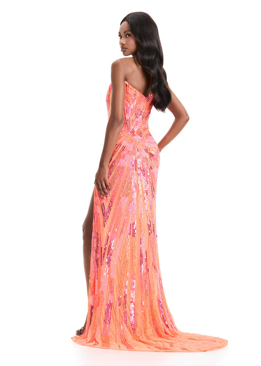 Ashley Lauren 11822 Multi Coral Strapless Prom Dress Evening Gown Multi Sequin Pattern Slit Train back