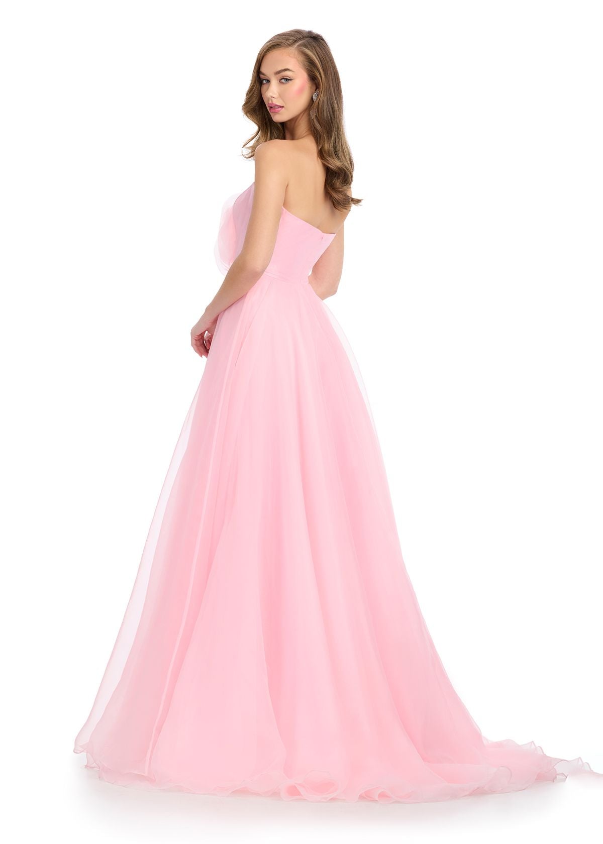 Ashley Lauren 11913 Pink Organza Ball Gown Prom Dress With Flower Accent A Line Strapless Straight Neckline