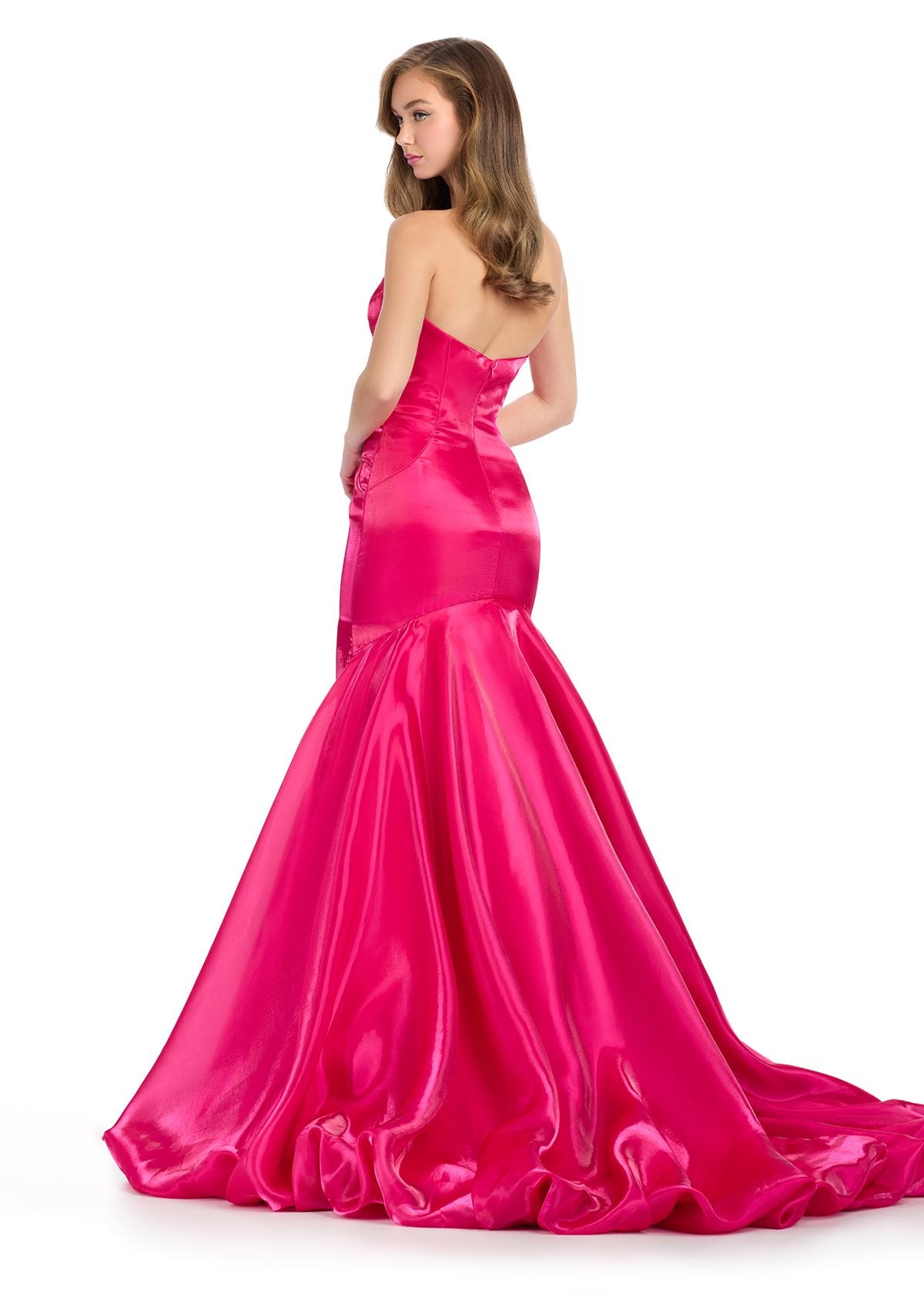 Ashley_Lauren_11996_Hot Pink_Shiny_Satin_Mermaid_Prom_Dress_Strapless_Sweetheart_Neckline_Pick_Up_Skirt_back