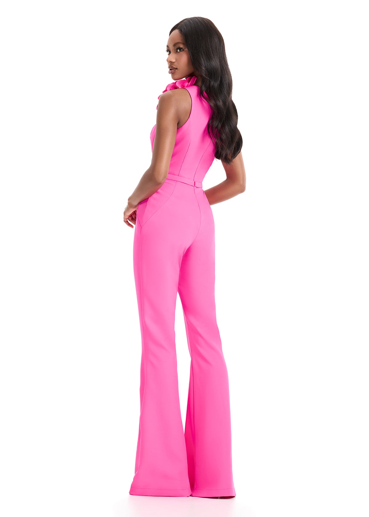 Ashley Lauren 12035 Hot Pink One Shoulder Jumpsuit Floral Applique Soft Jersey back