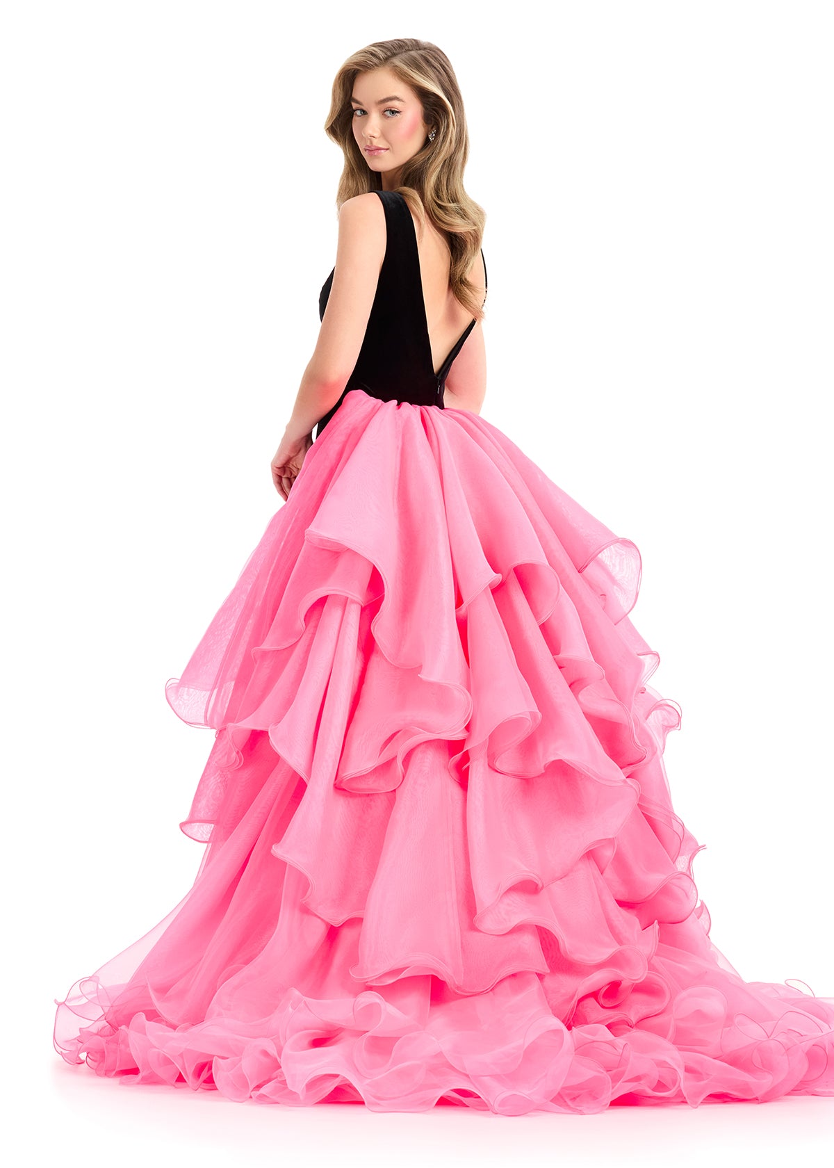 Ashley Lauren 12049 Black Hot Pink Velvet Sheath Dress Ruffle Layered Overskirt Train back