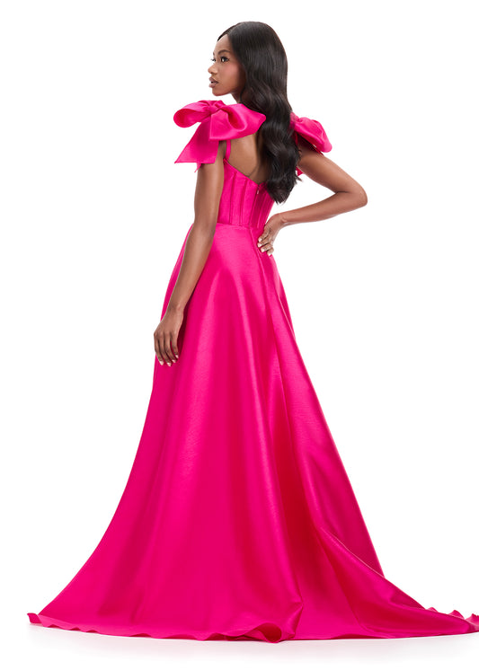 Ashley Lauren 12065 fuchsia corset mikado A line dress oversized Bows back