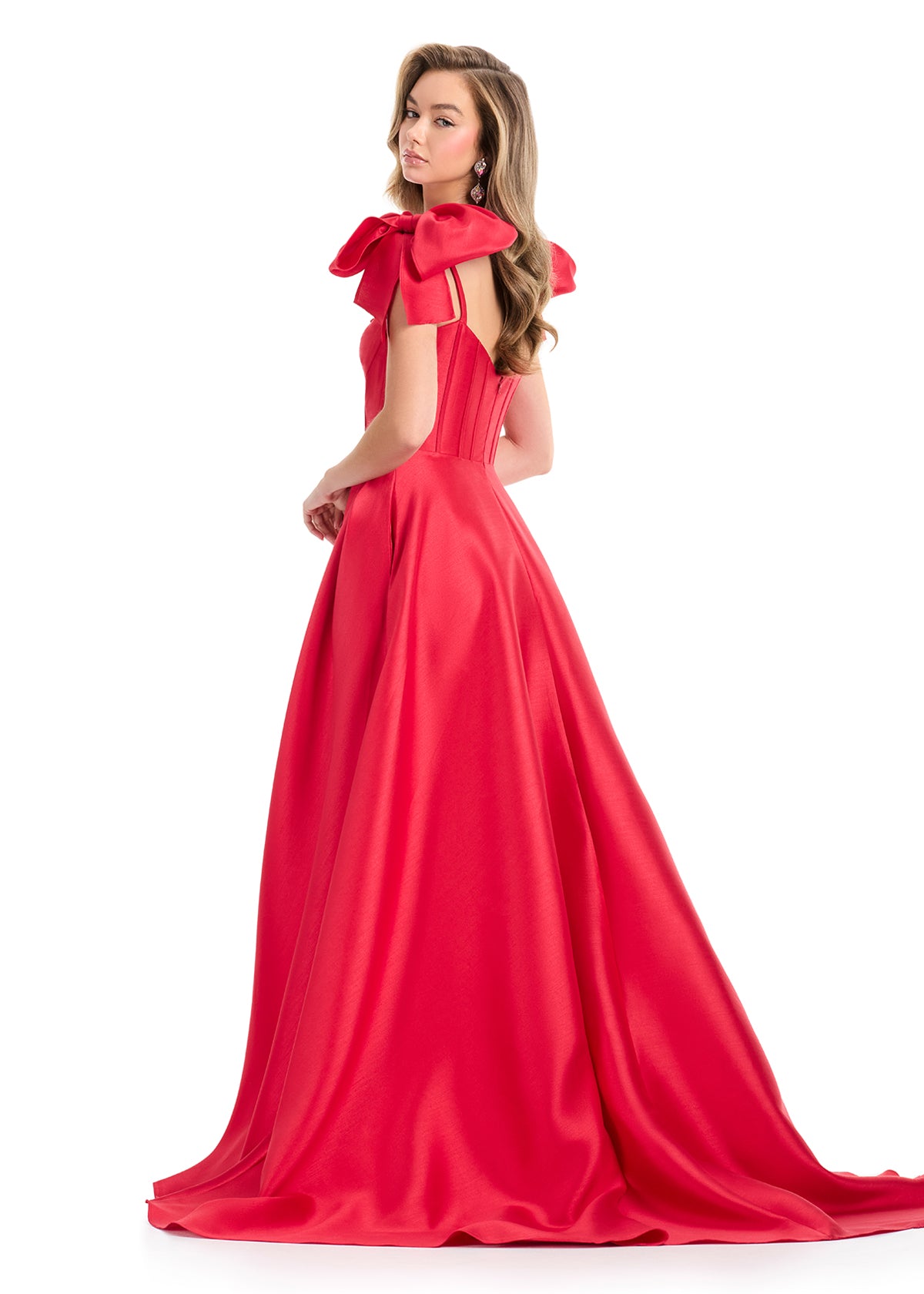 Ashley Lauren 12065 red corset mikado A line dress oversized Bows back