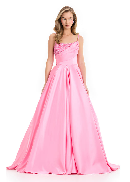 Ashley Lauren 12086 Candy Pink Satin Ballgown Spaghetti Straps Crystals Scoop Neckline Corset Back