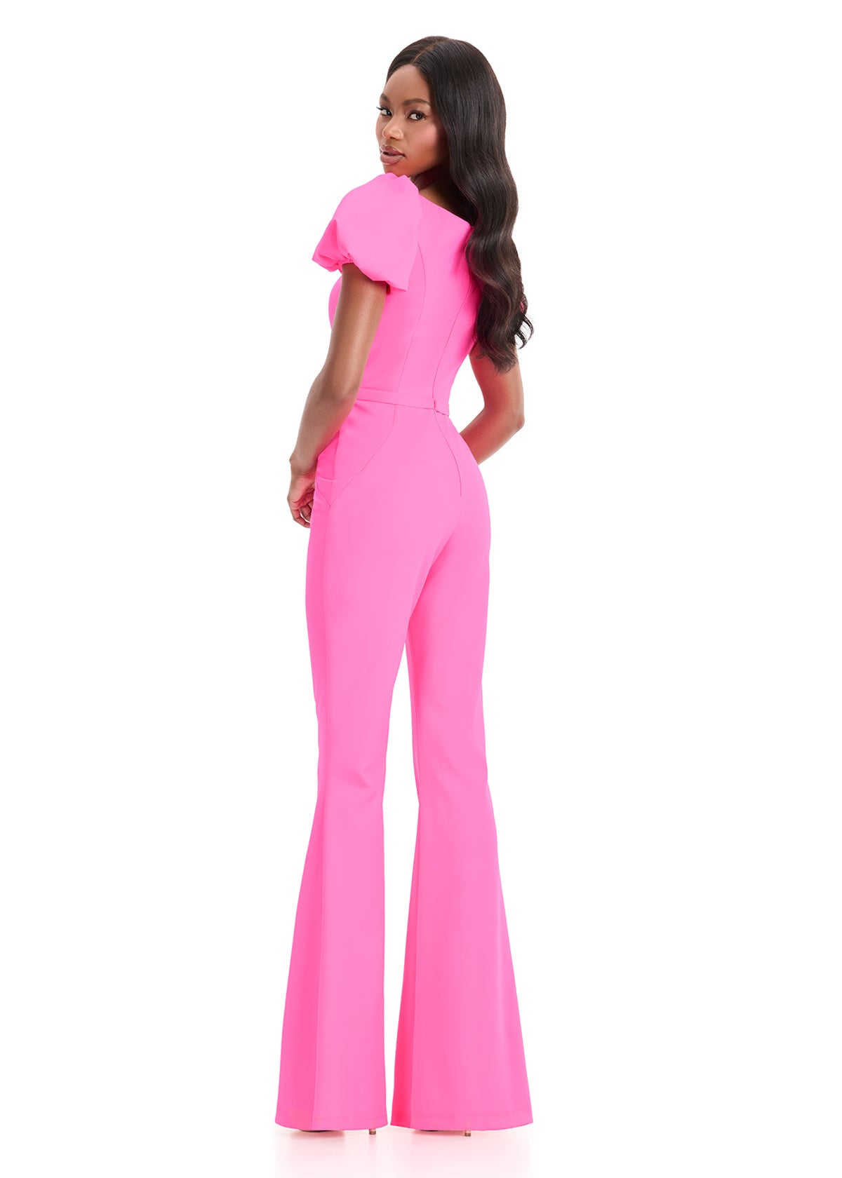 Ashley Lauren 12089 hot pink Puff Sleeve Jumpsuit Bow waist flared pants legs back