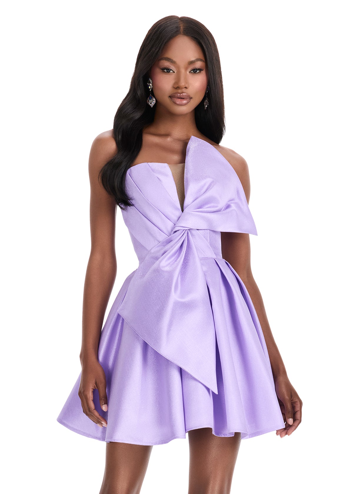 Ashley Lauren 4816 Orchid Short Flared Bow Pleated Cocktail Dress Homecoming Gown V neck Formal