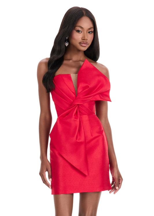 Ashley Lauren 4825 Red Strapless Mikado Cocktail Dress Oversized Bow