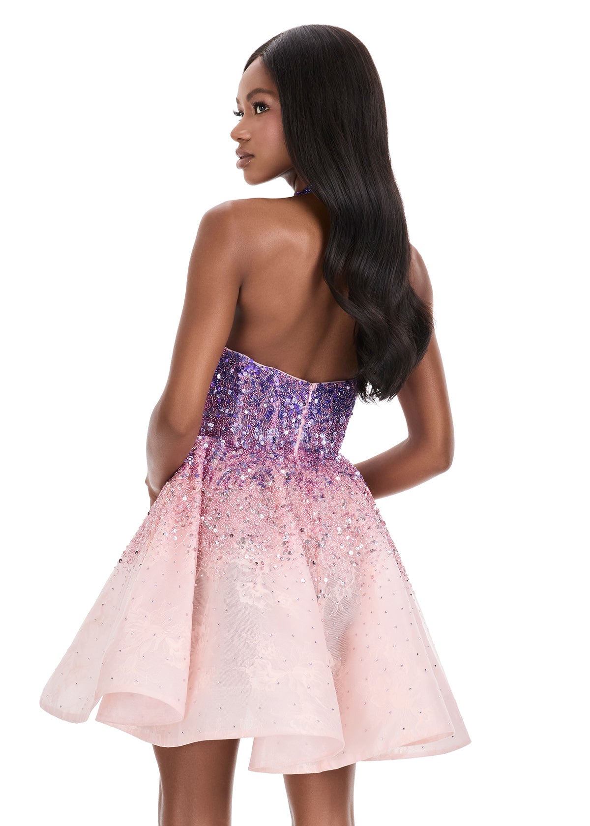 Ashley Lauren 4833 Pink Short Sequin Flared Halter Homecoming Dress Ombre Cocktail Gown V Neck back