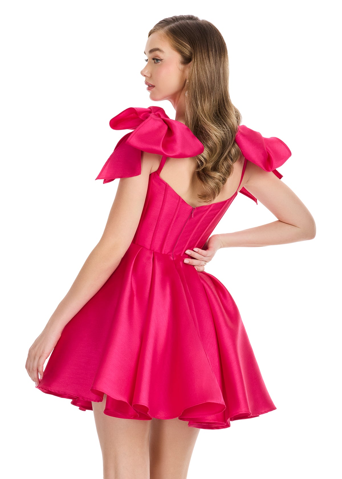 Ashley Lauren 4855 Fuchsia Short Fit & Flare Bow Homecoming Dress Corset Formal Cocktail Gown Mikado back