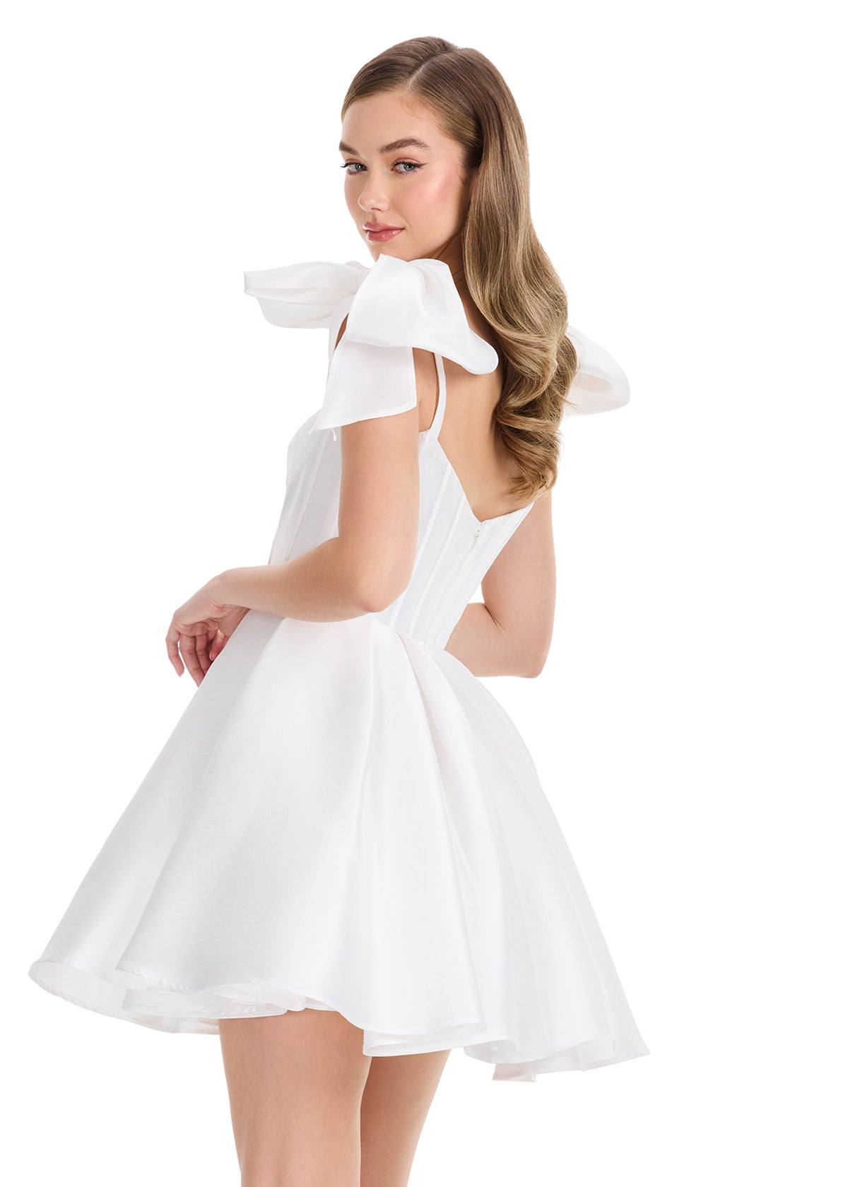 Ashley Lauren 4855 Ivory Short Fit & Flare Bow Homecoming Dress Corset Formal Cocktail Gown Mikado back