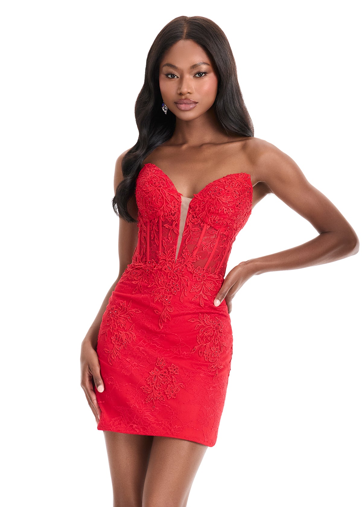 Ashley Lauren 4880 mini lace homecoming dress Corset Short Cocktail Gown V Neck 4 / Red
