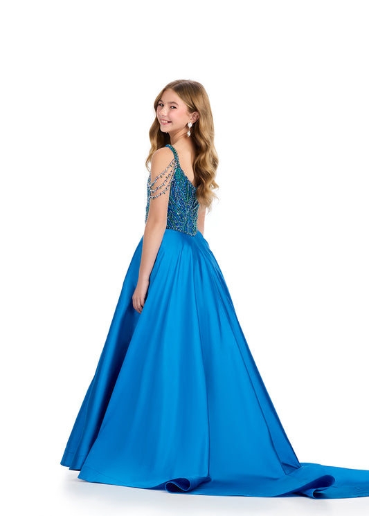 Ashley Lauren 8320 Kids Off Shoulder Taffeta Ball Gown With Beaded Bustier Girls Peacock Pageant Gown