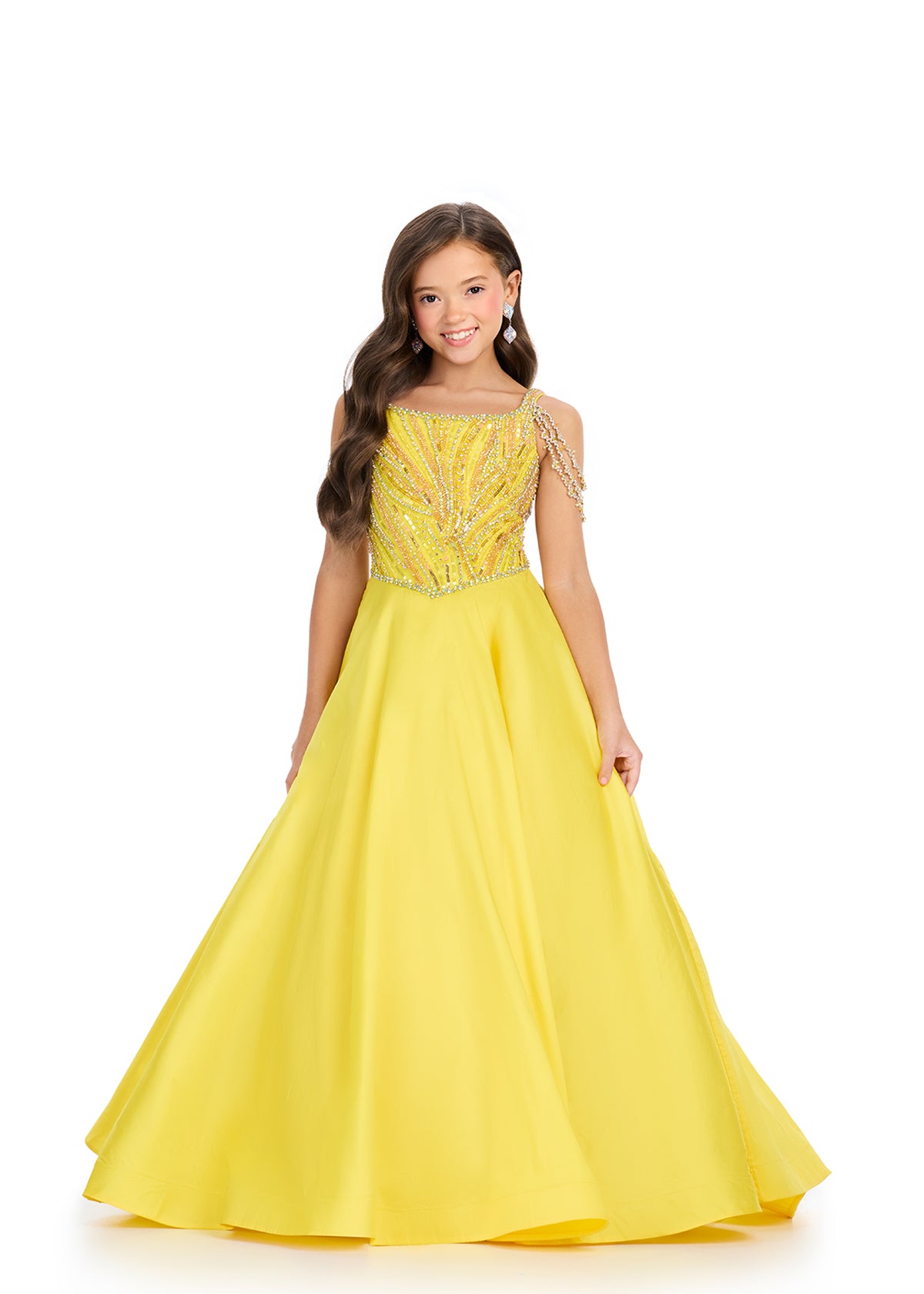 Ashley Lauren 8320 Yellow Kids Off Shoulder Taffeta Ball Gown With Beaded Bustier Girls Pageant Gown
