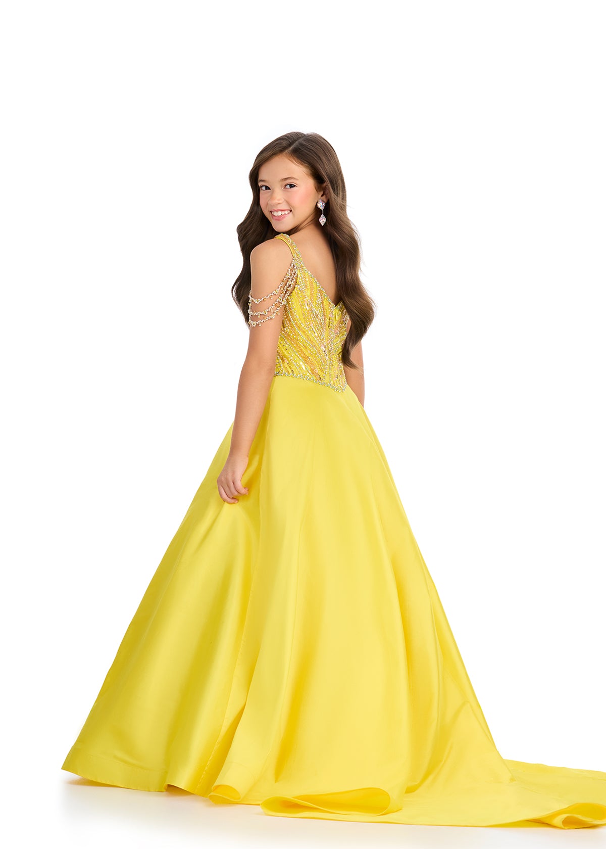 Ashley Lauren 8320 Yellow Kids Off Shoulder Taffeta Ball Gown With Beaded Bustier Girls Pageant Gown