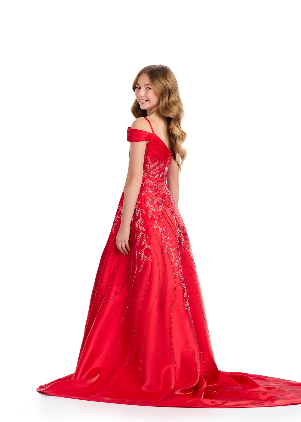 The Ashley Lauren Kids 8317 Girls Long Satin Pageant Dress is perfect for any teen ready to dazzle on stage. The off-the-shoulder design and crystal embellishments add a touch of glamour, while the luxurious satin fabric ensures comfort and style. Elevate any pageant look with this stunning gown. This satin off the shoulder ball gown is giving us major princess vibes. Embellished with an intricate bead pattern giving way to the stunning a-line skirt with a long fabulous train. We are obsessed!
Off Sho