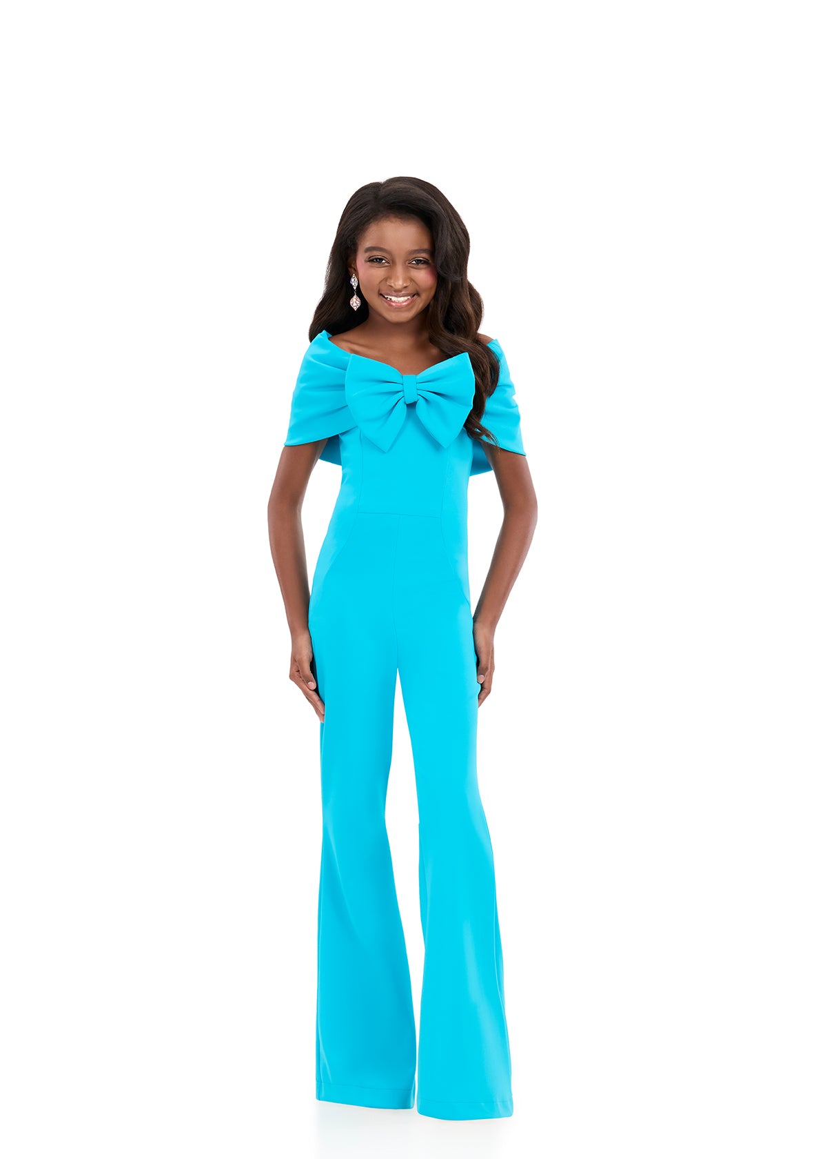 Ashleylauren 8372 kids turquoise pageant jumpsuit bow neckline