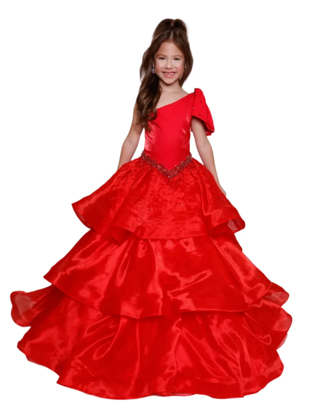Ava Presley Girls 39891 Size 14 Red Long Pageant Ball Gown One Shoulder Layer Ruffle Bow Drop Waist Formal Ava Presley Girls 39891 Size 14 Red Long Pageant Ball Gown One Shoulder Layer Ruffle Bow Drop Waist Formal