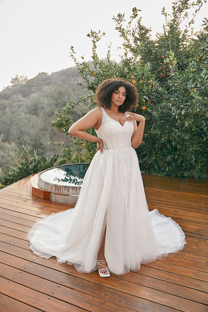 Casablanca BL386C Shimmering Lace beaded sequin embellished detail straps v neck sheer back a line skirt long wedding gown 28 / W/W Casablanca BL386C Shimmering Lace beaded sequin embellished detail straps v neck sheer back a line skirt long wedding gown 28 / W/W
