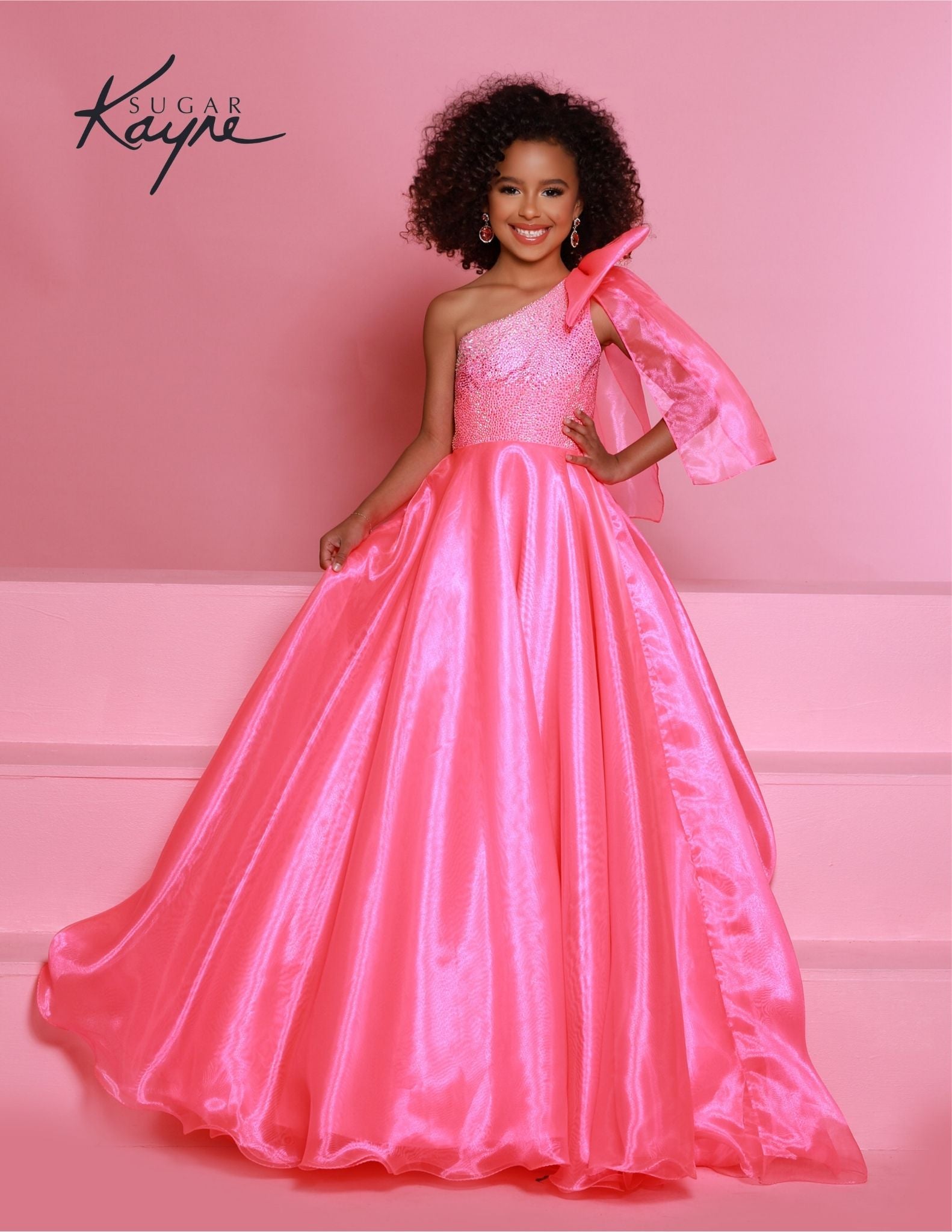 Sugar Kayne C310 Girls and Preteens Pageant Dress One Shoulder Bow 16 / Neon Pink Sugar Kayne C310 Girls and Preteens Pageant Dress One Shoulder Bow 16 / Neon Pink