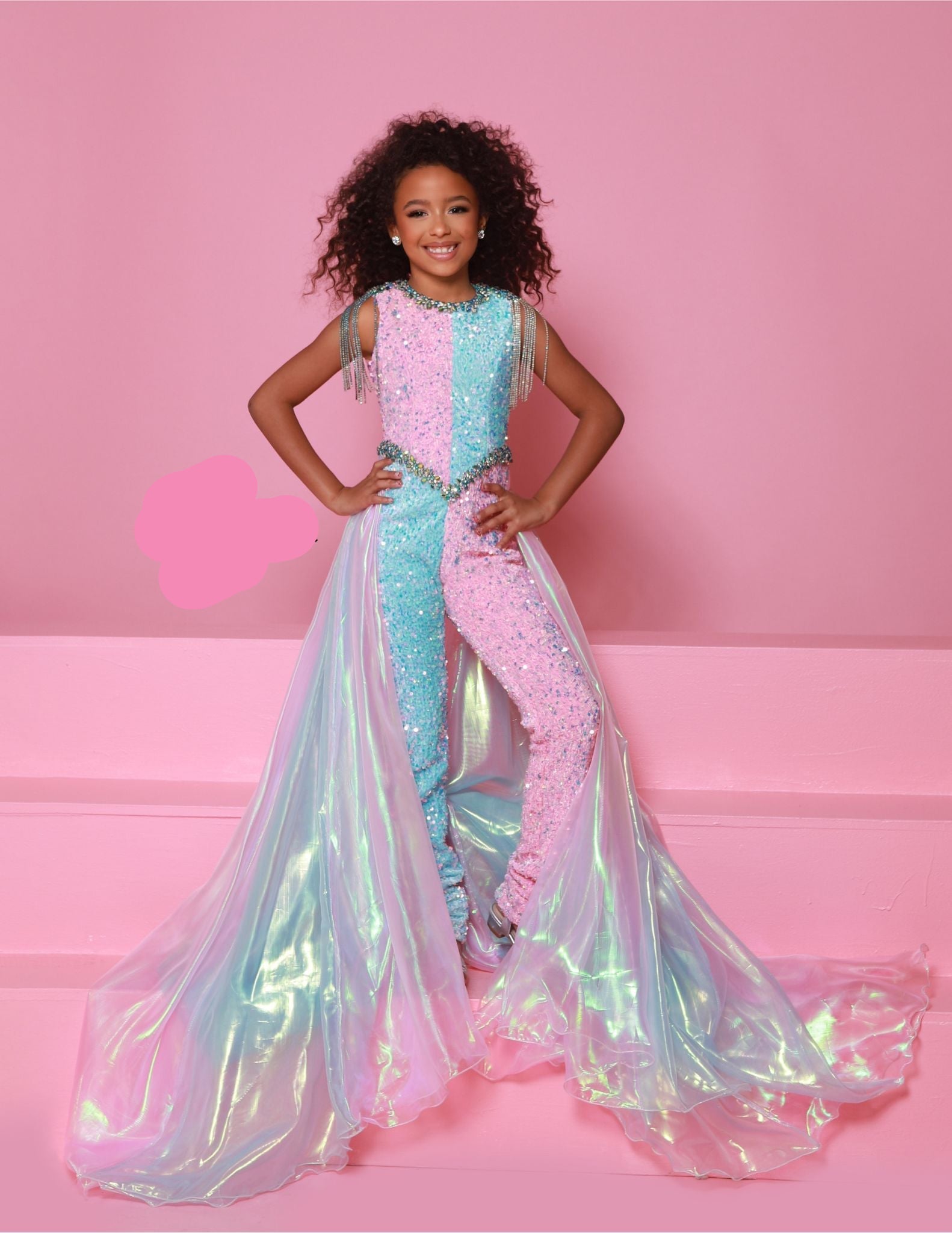 Sugar Kayne C386 Girls Velvet Sequin Pageant Jumpsuit Fringe Overskirt Fun Fashion