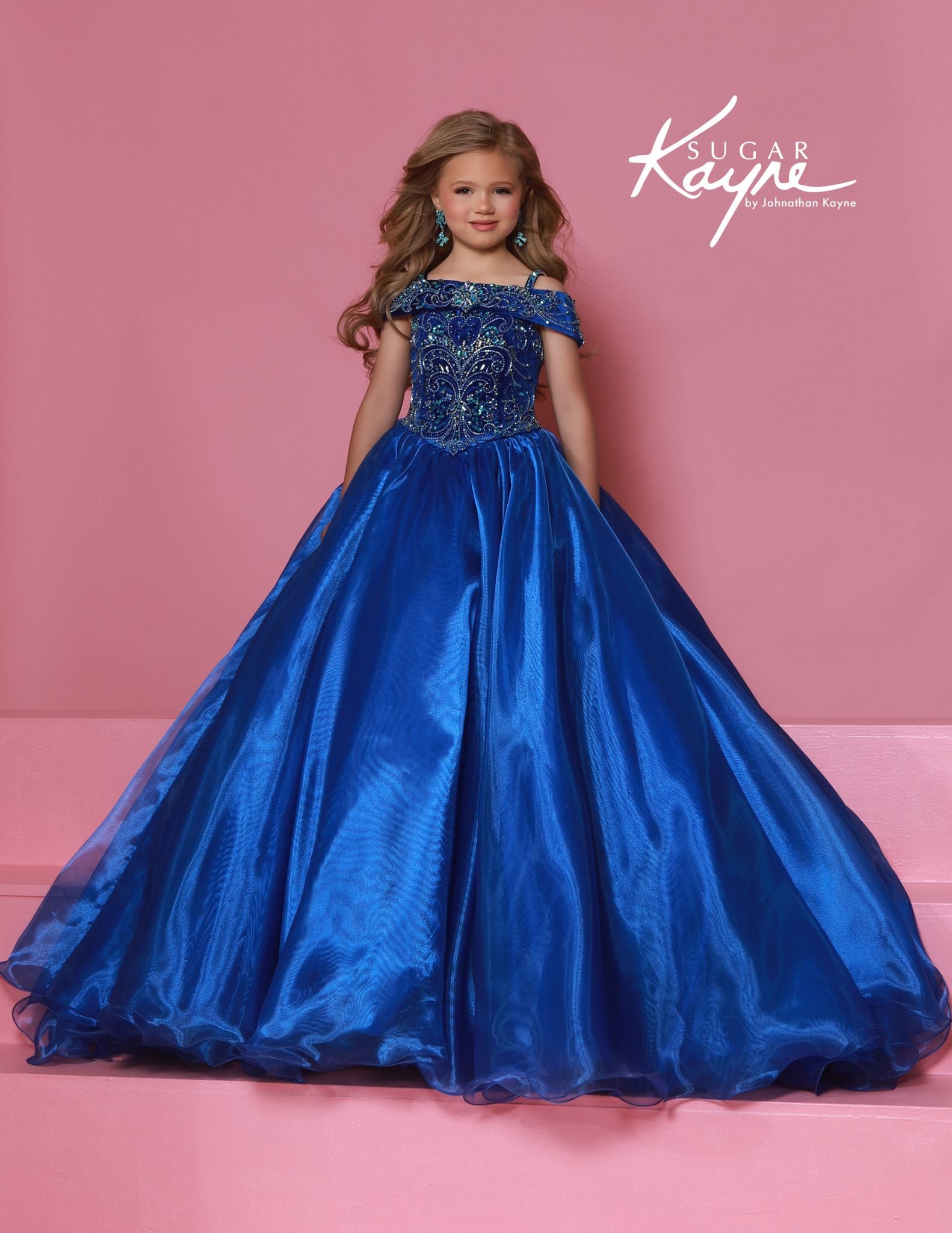 Sugar Kayne C389 Off the Shoulder Girls Pageant Dress Straight Neckline Organza Long Ballgown Royal / 8