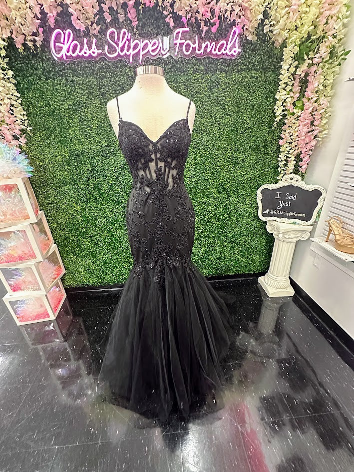 Candice Wang 72321 Size 10 Black Lace Sheer Corset Mermaid Prom Dress Glass Slipper Formals Candice Wang 72321 Size 10 Black Lace Sheer Corset Mermaid Prom Dress Glass Slipper Formals