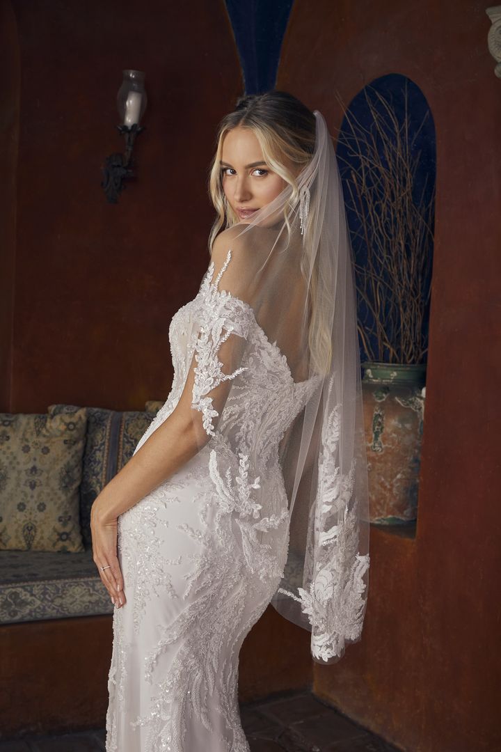 Casablanca Bridal 2554 Rochelle Wedding Dress Fit And Flare Off The Shoulder Plunging Neckline Sequin Floral Lace Train