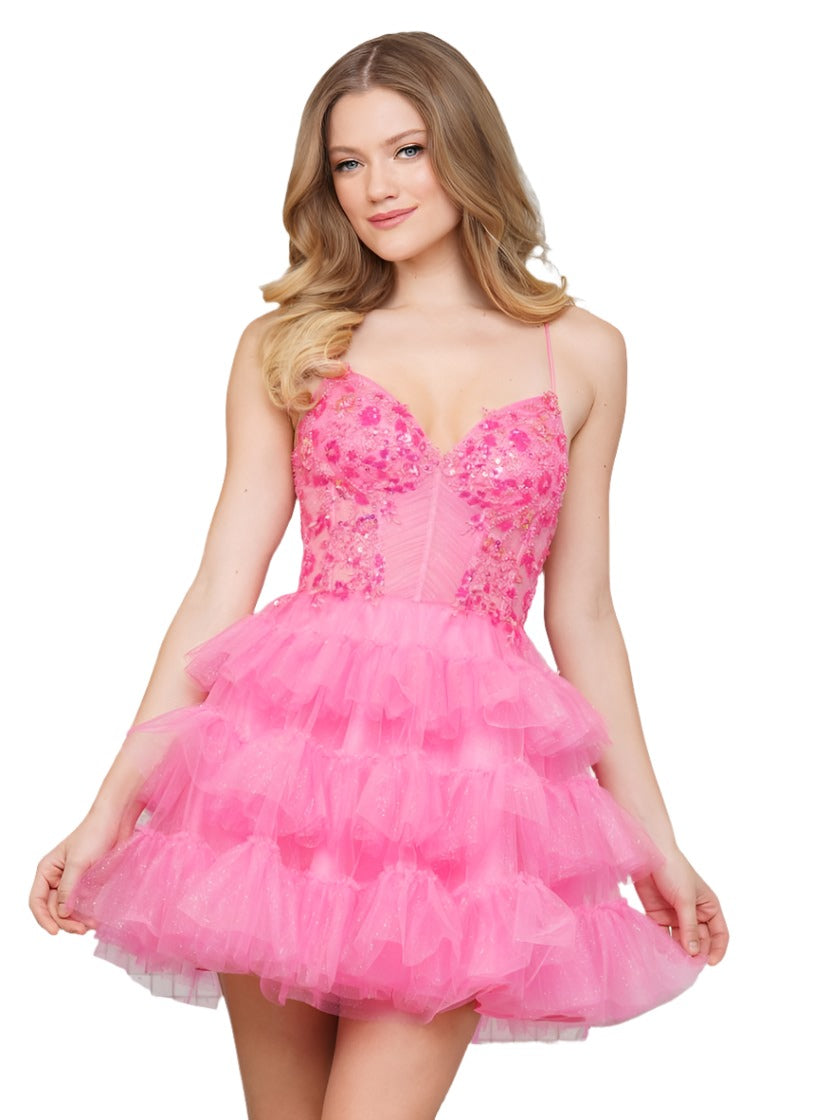 Colors 3346 Short Ruffle Layer Homecoming Dress A Line Lace Corset Pleated Fit & Flare Formal 10 / Hot Pink Colors 3346 Short Ruffle Layer Homecoming Dress A Line Lace Corset Pleated Fit & Flare Formal 10 / Hot Pink
