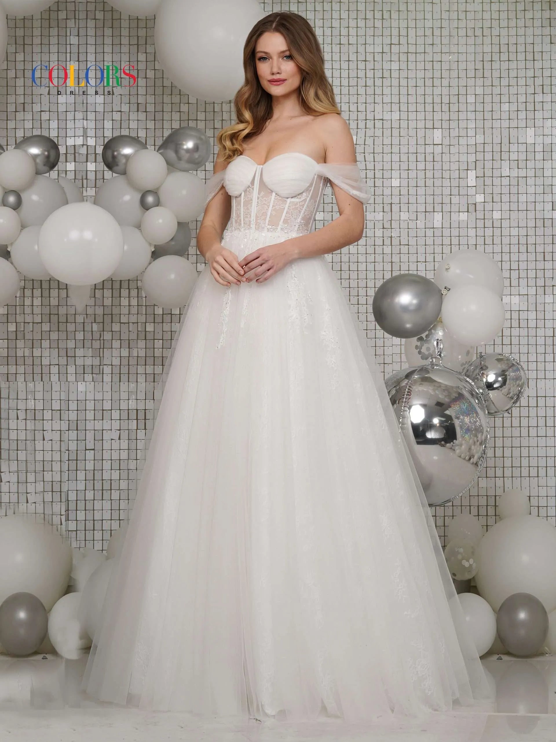 Colors Dress 3240 Size 4,16,20 Off White Bridal Wedding Dress Long Lace Sheer Corset Ballgown Dress Off The Shoulder A Line Prom, 16 / Off White