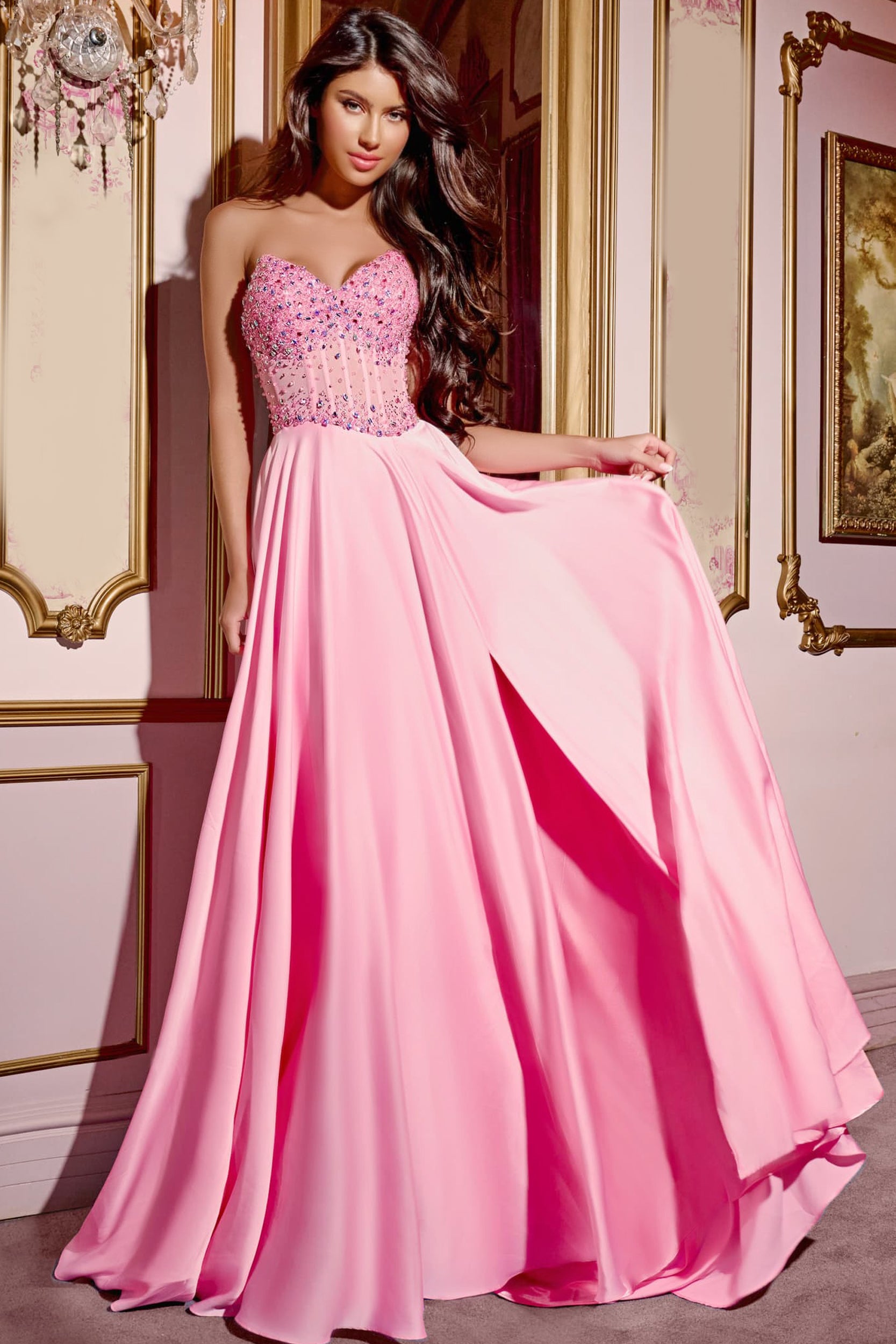 Jovani D6021 Size 00 Pink Crystal Corset Satin A Line Prom Dress V Neck Slit Formal Gown Chiffon Jovani D6021 Size 00 Pink Crystal Corset Satin A Line Prom Dress V Neck Slit Formal Gown Chiffon