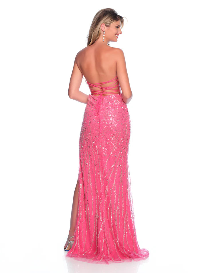 This Dave & Johnny 12243 dress is perfect for prom or pageant wear. With its stunning sequin embellishments, strapless design, and elegant slit, it's sure to turn heads and make you feel like a star. Don't miss out on this glamorous and stylish formal gown.
Size: 00
Color: Fuchsia Pink