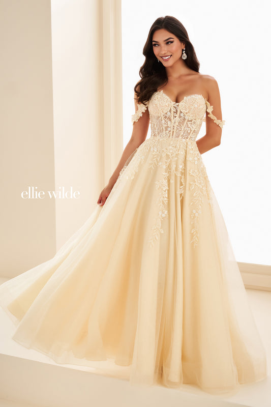 Ellie Wilde EW35101 Sheer Lace Corset Prom Dress Maxi Slit Shimmer Pageant Gown