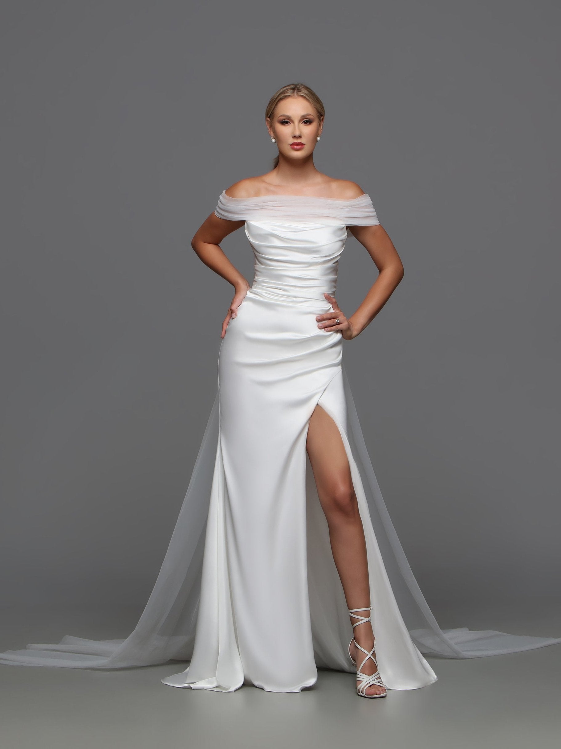Davinci F125 Size 8 Ivory Fitted Satin Wedding Dress off the Shoulder Cape Bridal Gown Slit Strapless Davinci F125 Size 8 Ivory Fitted Satin Wedding Dress off the Shoulder Cape Bridal Gown Slit Strapless