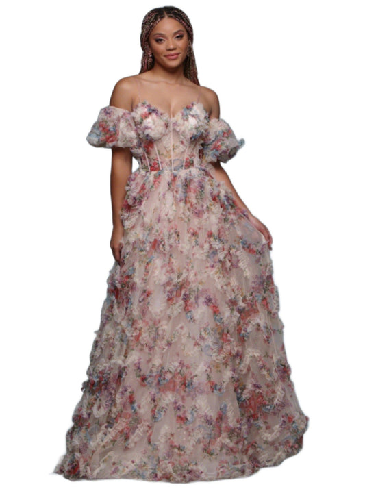 Experience elegance and grace with the Davinci F145 Floral Print Prom Dress. The stunning puff sleeves and A-line silhouette enhance your natural beauty while the sheer corset and shimmering pleats create a dreamy and ethereal look.
