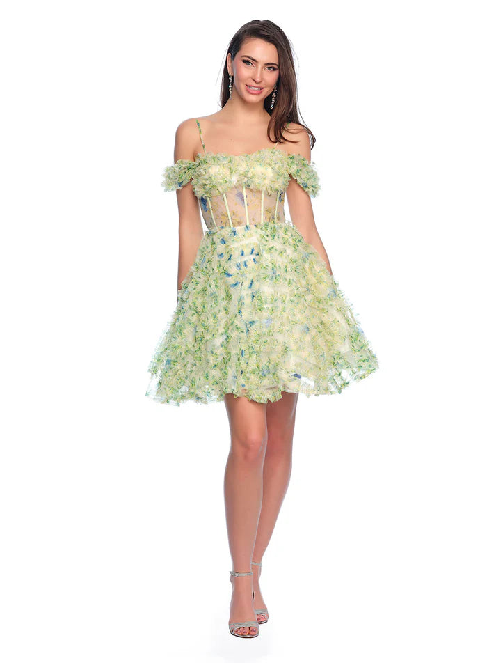 Dave & Johnny 11767 Size 0,12 Green Print Short Ruffle Homecoming Dress Sheer Corset off the shoulder Cocktail Gown 12 / Green Print Dave & Johnny 11767 Size 0,12 Green Print Short Ruffle Homecoming Dress Sheer Corset off the shoulder Cocktail Gown 12 / Green Print
