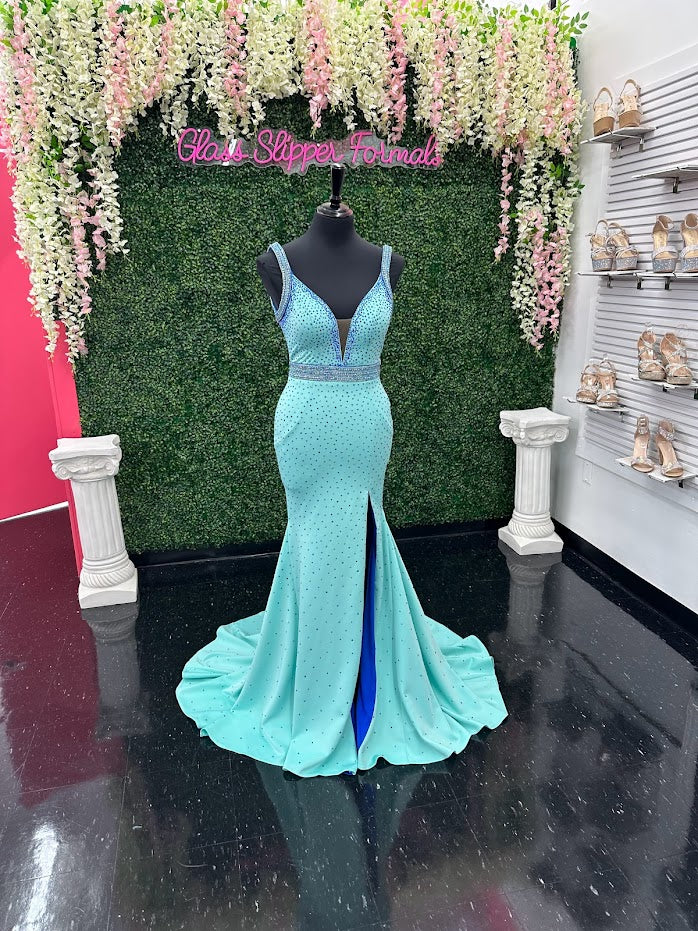 Johnathan Kayne 2628 Size 4 Long Fitted Scuba Pageant Dress Crystal Slit Train Gown Prom