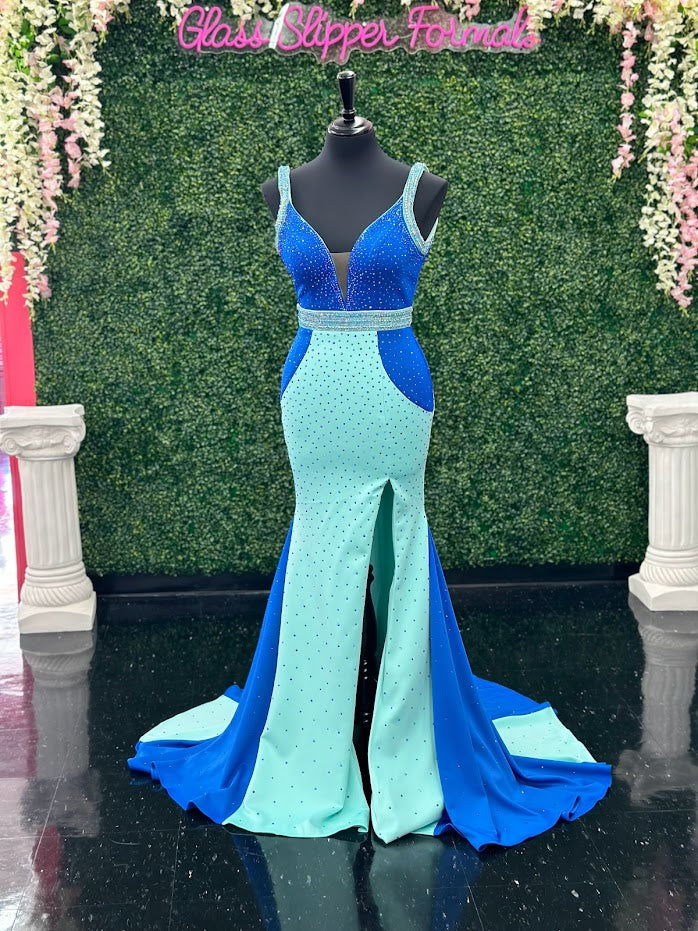 Johnathan Kayne 2628 Size 4 Long Fitted Scuba Pageant Dress Crystal Slit Train Gown Prom Johnathan Kayne 2628 Size 4 Long Fitted Scuba Pageant Dress Crystal Slit Train Gown Prom