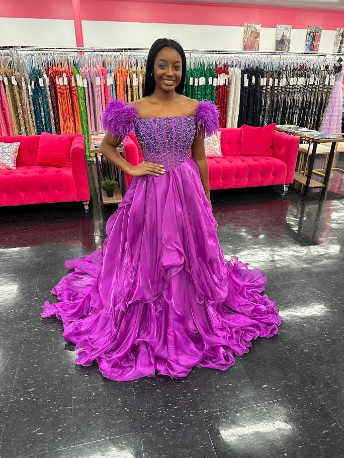 Ava Presley 39553 Size 8 Purple Sheer Crystal Corset Ruffle Pageant Dress A Line Feather off the Shoulder Ava Presley 39553 Size 8 Purple Sheer Crystal Corset Ruffle Pageant Dress A Line Feather off the Shoulder