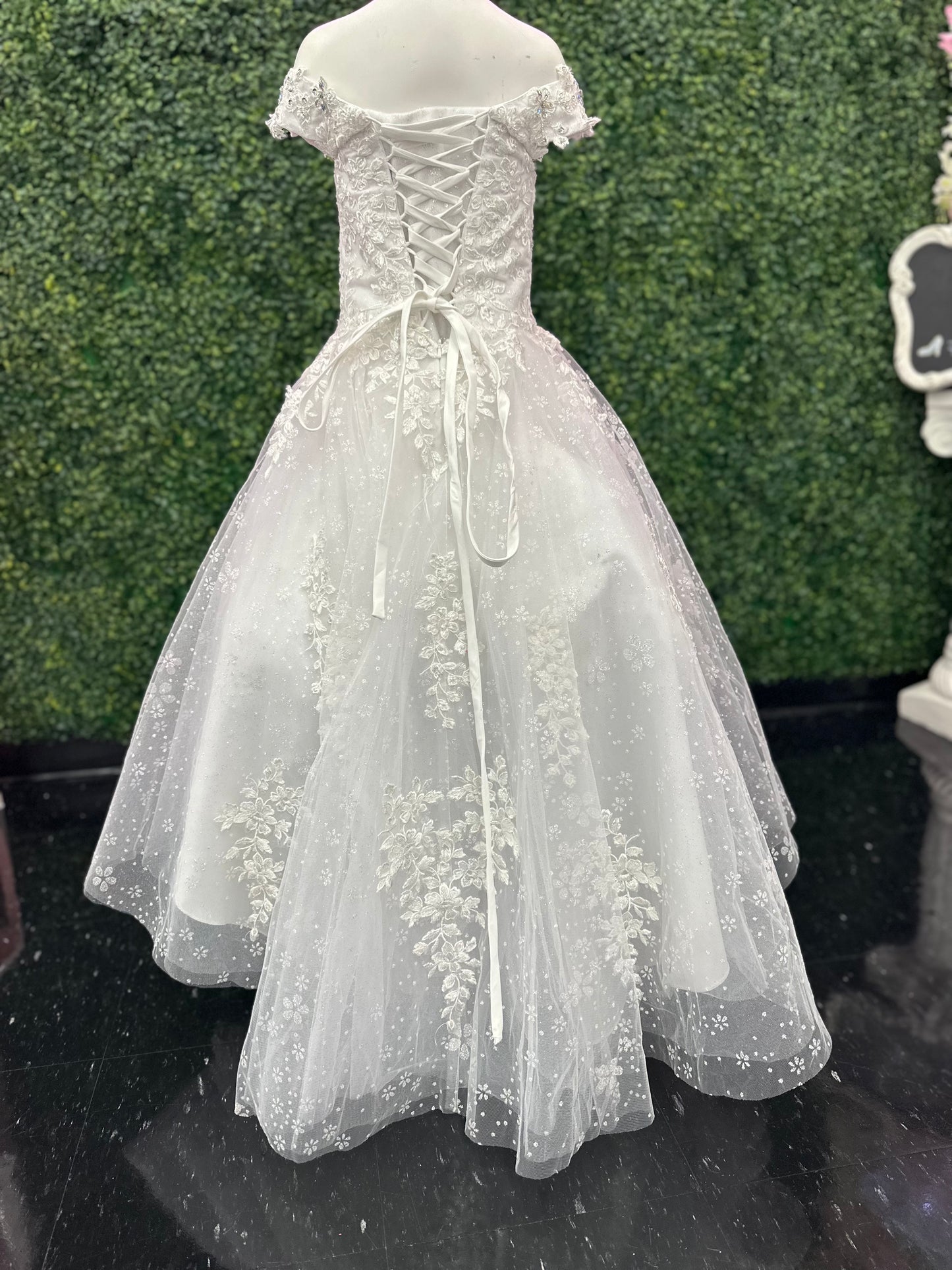 Tiffany Princess 13768 Size 2 White Girls Shimmer Lace Pageant Dress off the Shoulder Corset Formal Gown