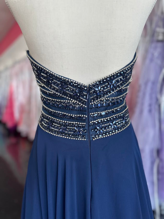 Envious Couture E1467 Size 8 Navy Long Strapless Embellished Prom Dress Beaded Chiffon