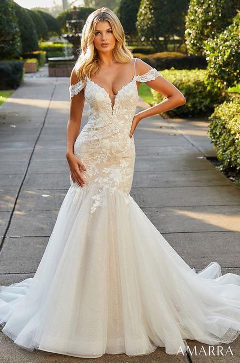 Amarra Bridal 84398 Alexa Wedding Dress Lace Mermaid off the shoulder Bridal Gown Train V Neck