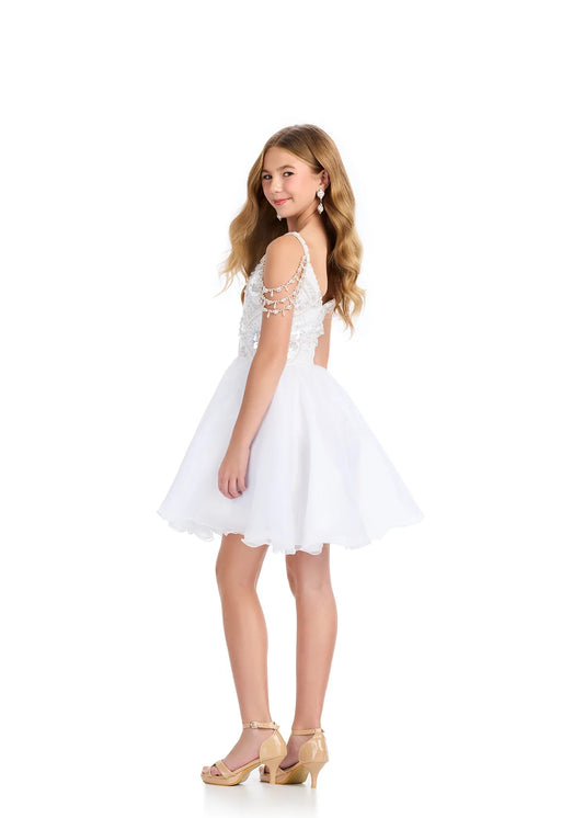 Ashley Lauren 8291 Girls Short Cocktail Dress A line Crystal Beaded Off the Shoulder Beaded Straps