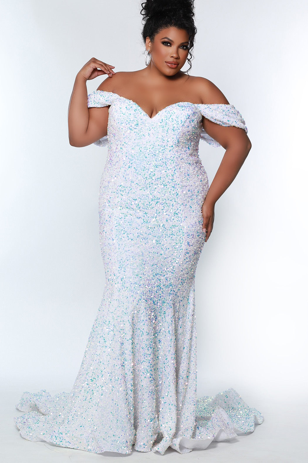 Sydney's Closet JK2313 Prom Dress by Johnathan Kayne Long Plus Size Mermaid Velvet Sequin Evening Gown Off the Shoulder