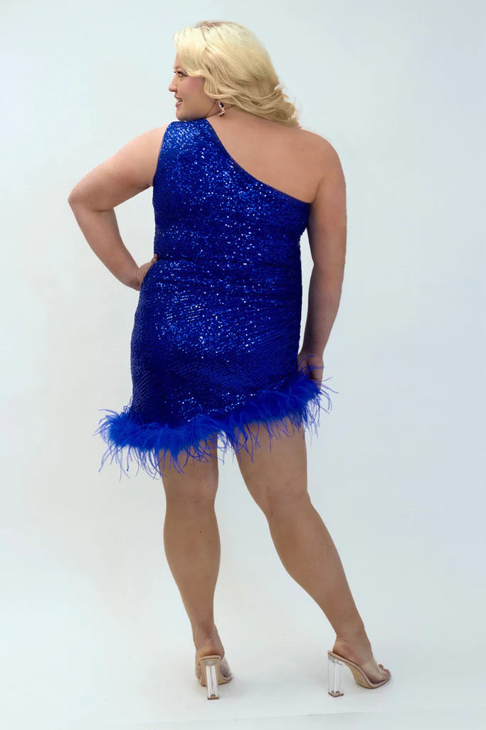 This Sydneys Closest JK2401 Cocktail Dress is perfect for any special occasion. It features a one-shoulder, sequin design and is made from luxurious feather fabric. This plus-size dress is perfect for making a statement at any formal event. Ignite a Feather Frenzy in this sizzling dress! It's a guaranteed showstopper with a fitted silhouette