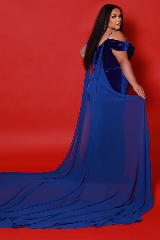 Sydneys Closet JK2514 size 22 Black Ferrari Velvet Crystal Corset Dress Cape Off the Shoulder Slit Formal Plus Size Pageant Gown