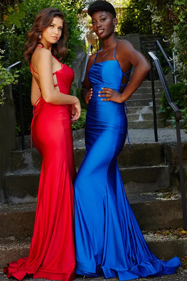 JVN09839 Royal Blue Spaghetti Strap Prom Dress lace up back fitted ruched long gown straight neckline sweeping train